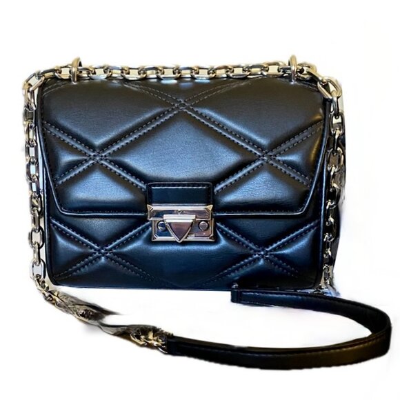 Michael Kors Serena Black Flap Med Crossbody Bag Quilted Leather Silver NWT $628 - Picture 4 of 6
